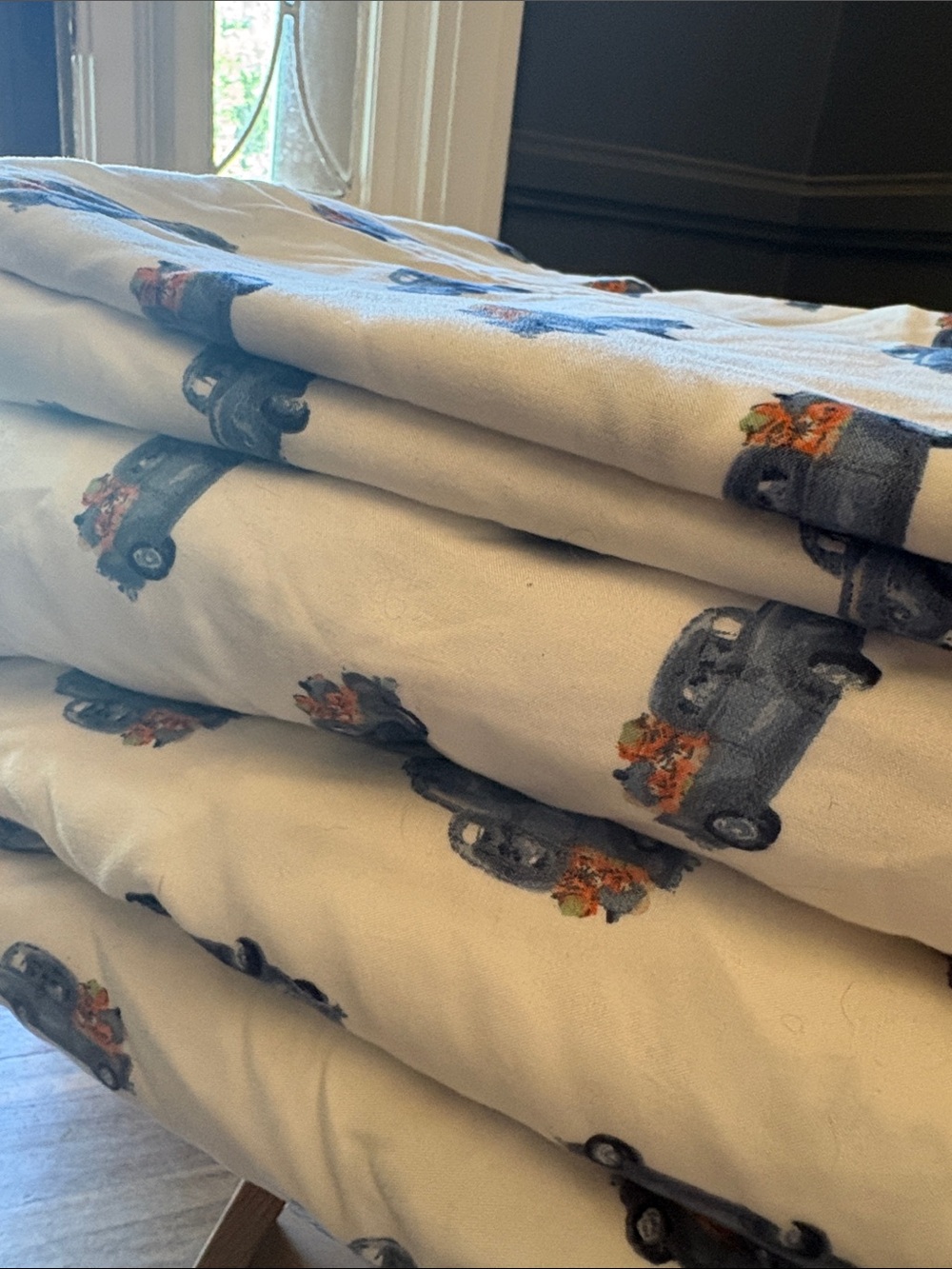 Full size sheets with blue trucks